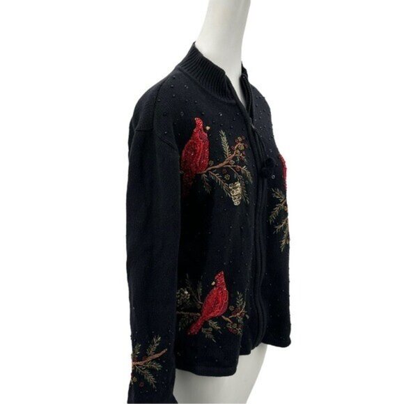 Tiara International Vintage M Cardigan Sweater Cardinal Beaded Zip Up Black Bird - Picture 3 of 9